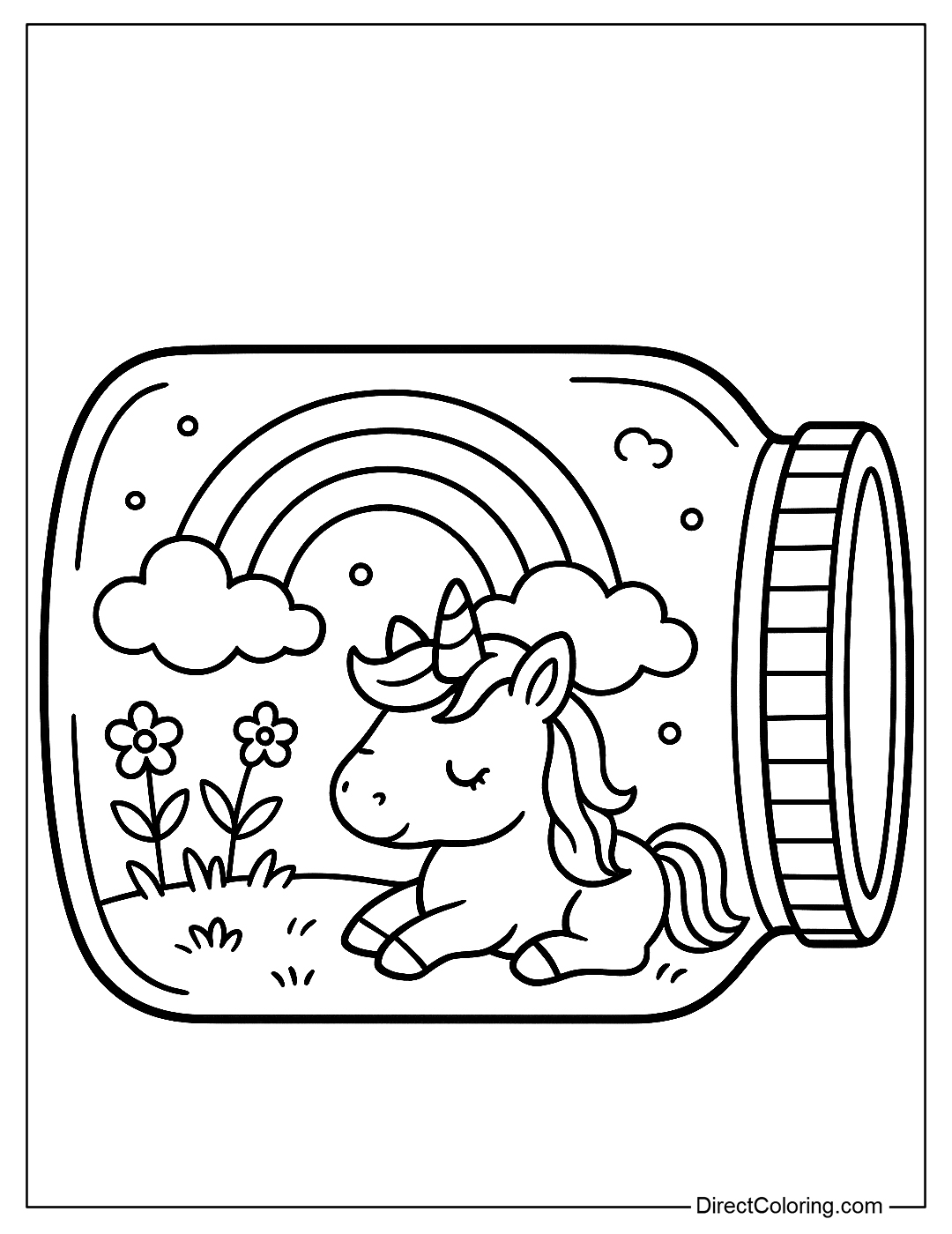 A tiny unicorn in a jar, with rainbows, fluffy clouds, and sparkling flowers
